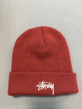 Stussy Red Beanie Hat with White Logo